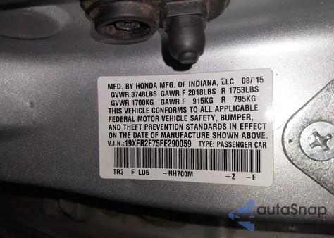 2015 Honda Civic Se from USA, damaged, VIN 19XFB2F75FE290059